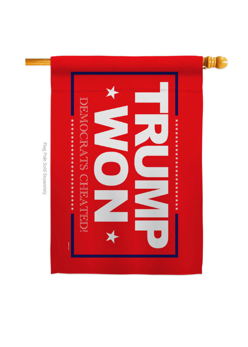 Trump Won Red House Flag featuring bold red background with text displayed on an outdoor flagpole, demonstrating patriotic support.