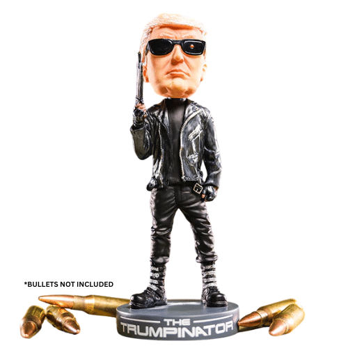 Trumpinator Bobblehead featuring President Trump in a black leather suit and sunglasses, holding a pistol, perfect for display.