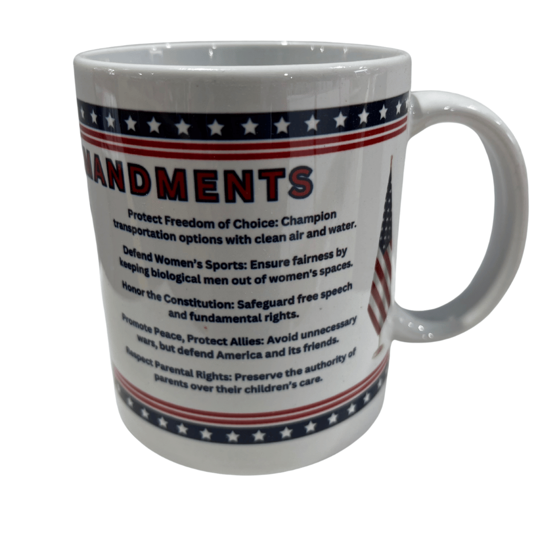 Trump's Ten Commandments Mug showcasing patriotic designs in red, white, and blue with ten bold principles, perfect for coffee lovers.
