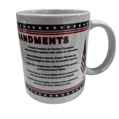 Trump's Ten Commandments Mug showcasing patriotic designs in red, white, and blue with ten bold principles, perfect for coffee lovers.