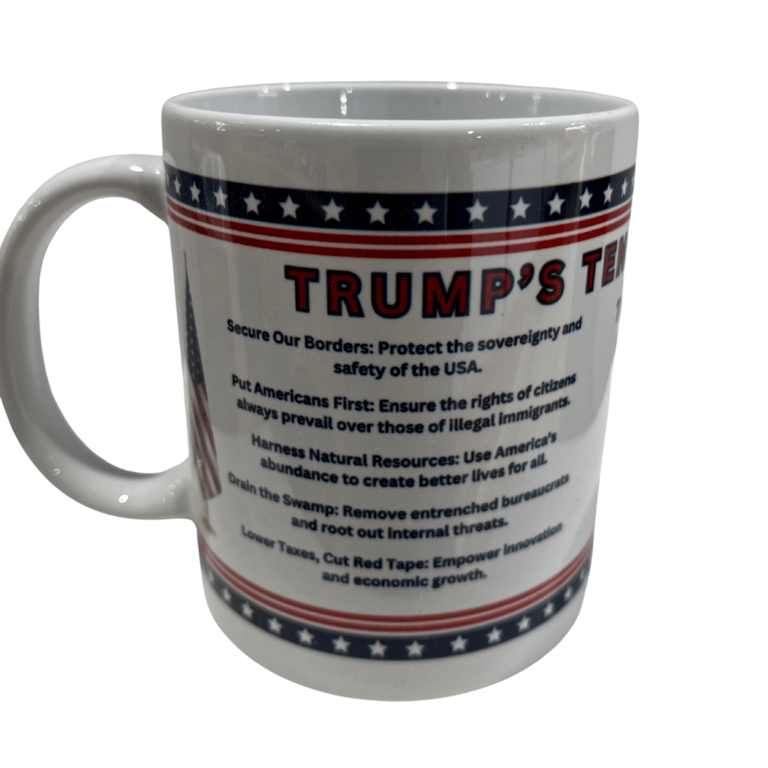 Trump's Ten Commandments Mug showcasing patriotic designs in red, white, and blue with ten bold principles, perfect for coffee lovers.