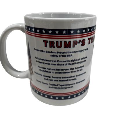 Trump's Ten Commandments Mug showcasing patriotic designs in red, white, and blue with ten bold principles, perfect for coffee lovers.