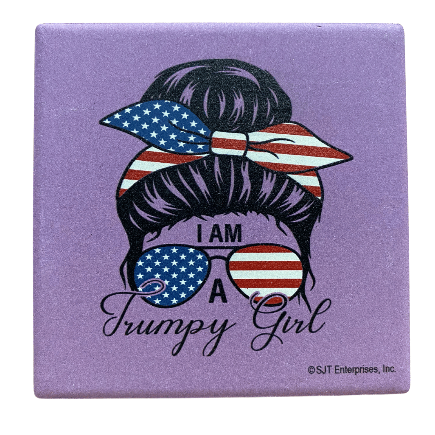 Trumpy Girl Bun and Bowtie Purple Square Absorbable Stone Coaster featuring a hair bun, American flag bow, and patriotic design on a table.