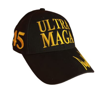 Ultra MAGA Black Hat featuring a gold Donald Trump signature, designed with a sleek black background and embroidered Presidential elements.