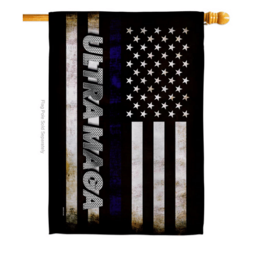 Ultra MAGA USA House Banner featuring bold graphics displayed outside a home, showcasing patriotism in a weather-resistant design.