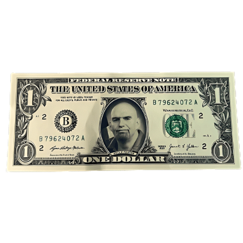 Uncle Fester Fake Dollar Bill featuring John Fetterman's likeness, designed to mimic real currency in a playful and colorful way.