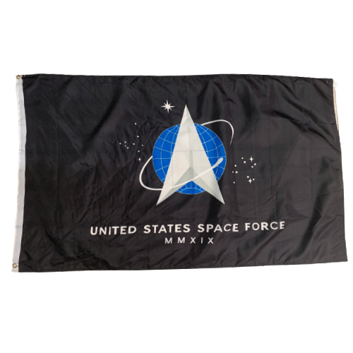 United States Space Force 3x5 flag made of durable nylon, featuring brass grommets, displayed in a garden setting waving in the breeze.