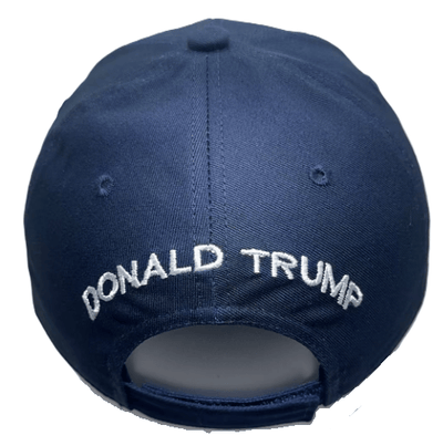 USA Flag Trump 45/47 Embroidered Hat in navy blue with bold slogans displayed prominently, designed for rallies and casual wear.