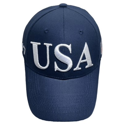 USA Flag Trump 45/47 Embroidered Hat in navy blue with bold slogans displayed prominently, designed for rallies and casual wear.