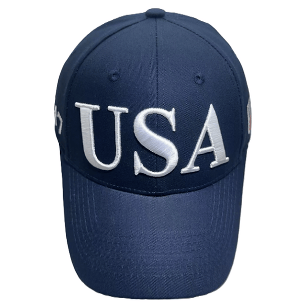 USA Flag Trump 45/47 Embroidered Hat in navy blue with bold slogans displayed prominently, designed for rallies and casual wear.