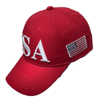 USA Flag Trump 45/47 Embroidered Hat in vibrant red featuring bold slogans, ideal for outdoor activities and political rallies.