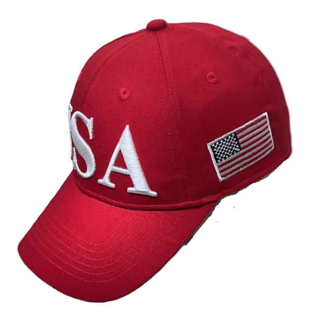 USA Flag Trump 45/47 Embroidered Hat in vibrant red featuring bold slogans, ideal for outdoor activities and political rallies.