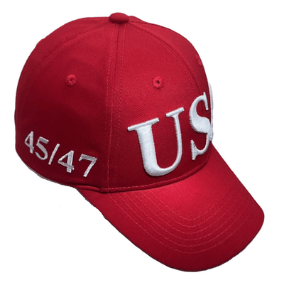 USA Flag Trump 45/47 Embroidered Hat in vibrant red featuring bold slogans, ideal for outdoor activities and political rallies.