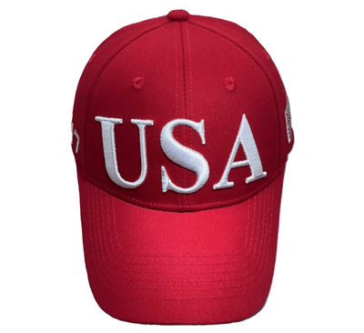 USA Flag Trump 45/47 Embroidered Hat in vibrant red featuring bold slogans, ideal for outdoor activities and political rallies.