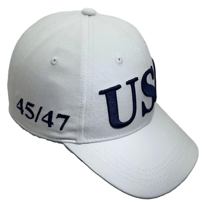 USA Flag Trump 45/47 embroidered hat displayed on a mannequin, showcasing its structured design and bold lettering in white.