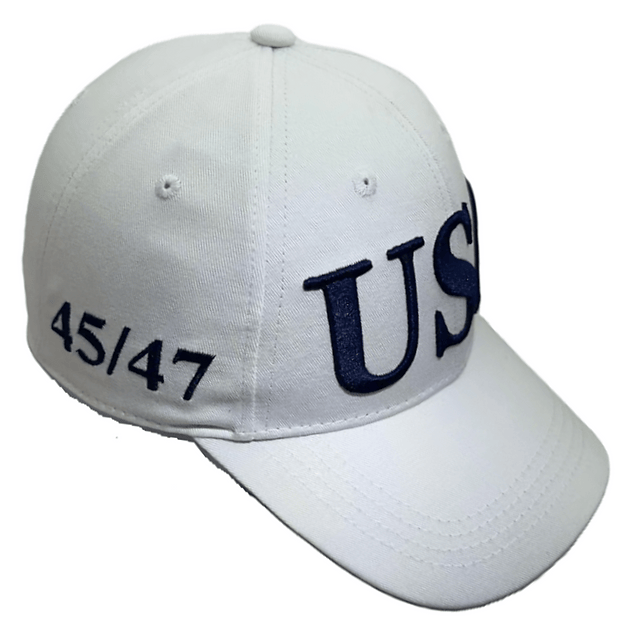 USA Flag Trump 45/47 embroidered hat displayed on a mannequin, showcasing its structured design and bold lettering in white.