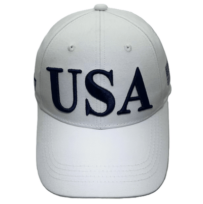 USA Flag Trump 45/47 embroidered hat displayed on a mannequin, showcasing its structured design and bold lettering in white.