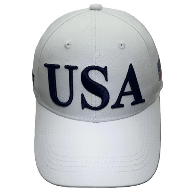 USA Flag Trump 45/47 embroidered hat displayed on a mannequin, showcasing its structured design and bold lettering in white.