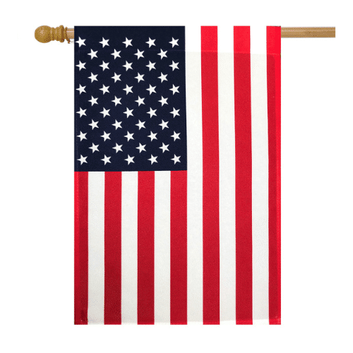 USA Traditional House Banner Flag featuring vibrant American symbols displayed outside a home, honoring American pride and craftsmanship.