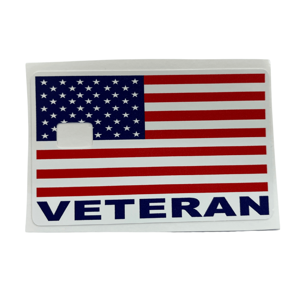 Veteran American Flag Credit Card Cover displaying the American flag with 'VETERAN' text, designed for standard credit cards and made from durable vinyl.