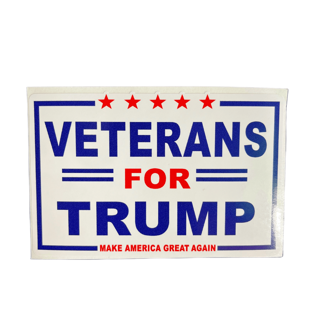 Veterans For Trump sticker featuring patriotic design suitable for cars, laptops, and more, showcasing bold American political themes.