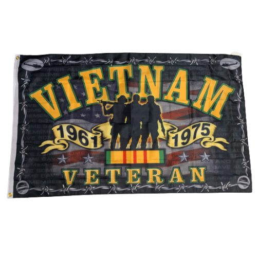 Vietnam Veteran 3x5 flag made of durable nylon with quad-stitched edges and brass grommets displayed on a flagpole outdoors.
