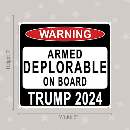 Warning Sign Armed Deplorable Trump 2024 medium sticker on a laptop featuring vibrant colors and bold design, ideal for expressing political support.