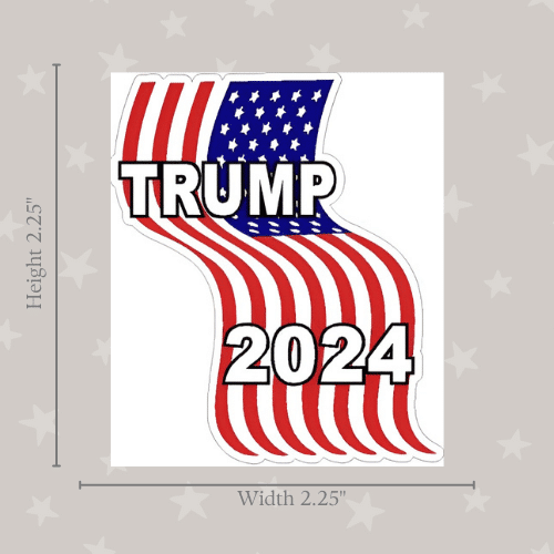 Wavy Patriotic Trump 2024 Flag Mini Sticker, measuring approximately 1.5x2 inches, showcasing bold colors and designs to express political support.