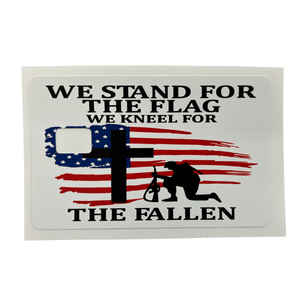 We Stand for the Flag Credit Card Cover featuring an American flag backdrop and battlefield cross design, ideal for everyday carry.
