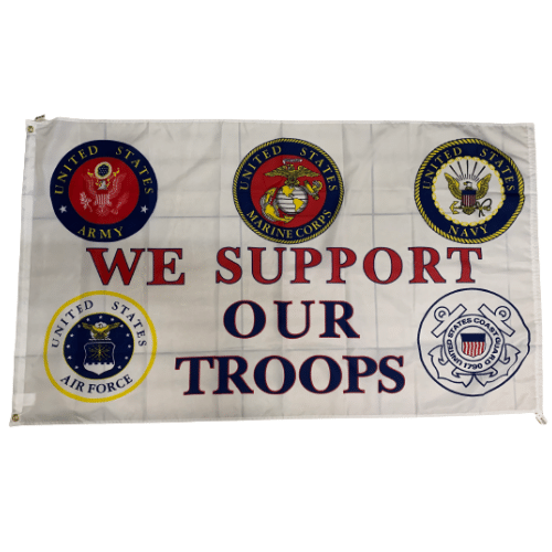We Support Our Troops 3x5 flag showcasing the seals of the Army, Navy, Coast Guard, Marines, and Air Force displayed on an outdoor pole.