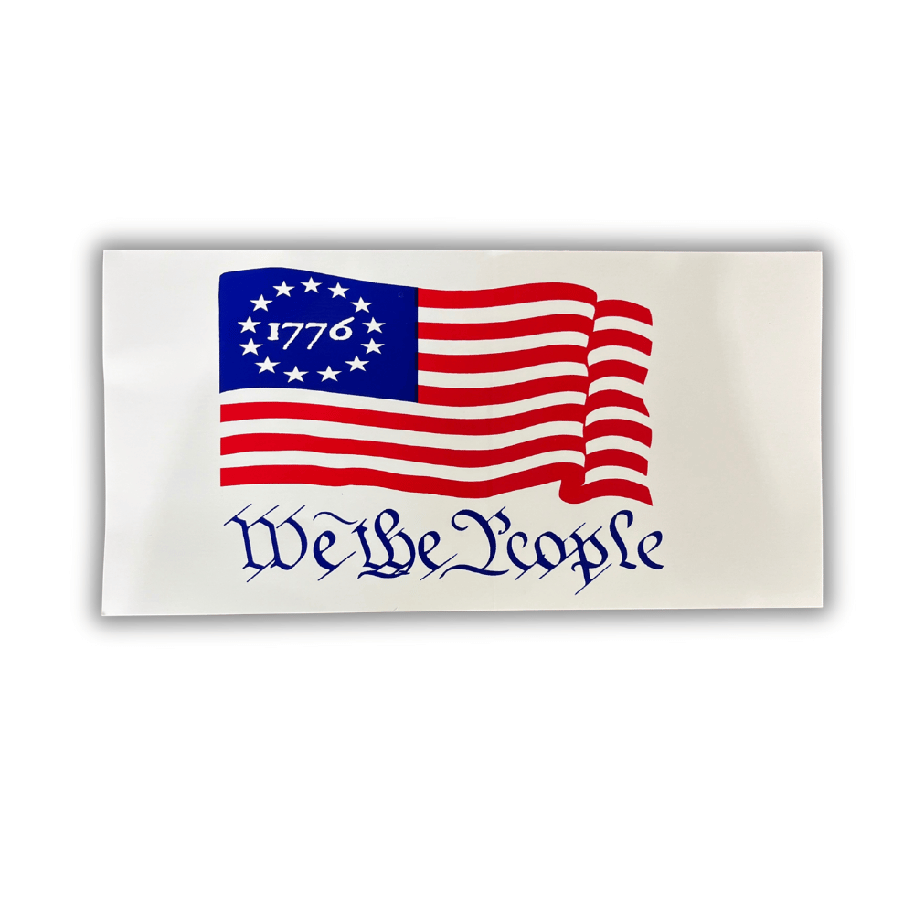 We The People 1776 bumper sticker, measuring 7.5 x 4 inches, showcasing bold patriotic lettering on an outdoor vehicle.