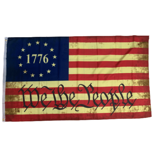 We the People Betsy Ross 3x5 Flag displaying 13 stars and stripes, fluttering in the wind against a sunny blue sky backdrop.