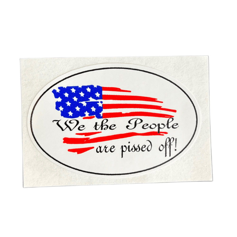 We The People Oval Sticker showcasing bold American typography on a smooth surface, ideal for customizing cars and laptops.