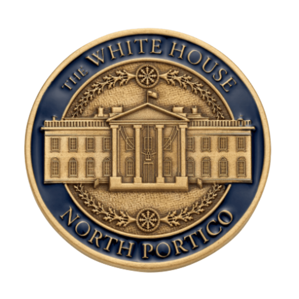 White House Challenge Coin displaying North and South Portico designs, crafted from gold-plated bronze with enamel detailing.