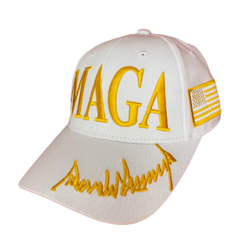 White MAGA hat featuring Donald Trump's gold signature and Presidential Seal on a stylish display against a neutral background.