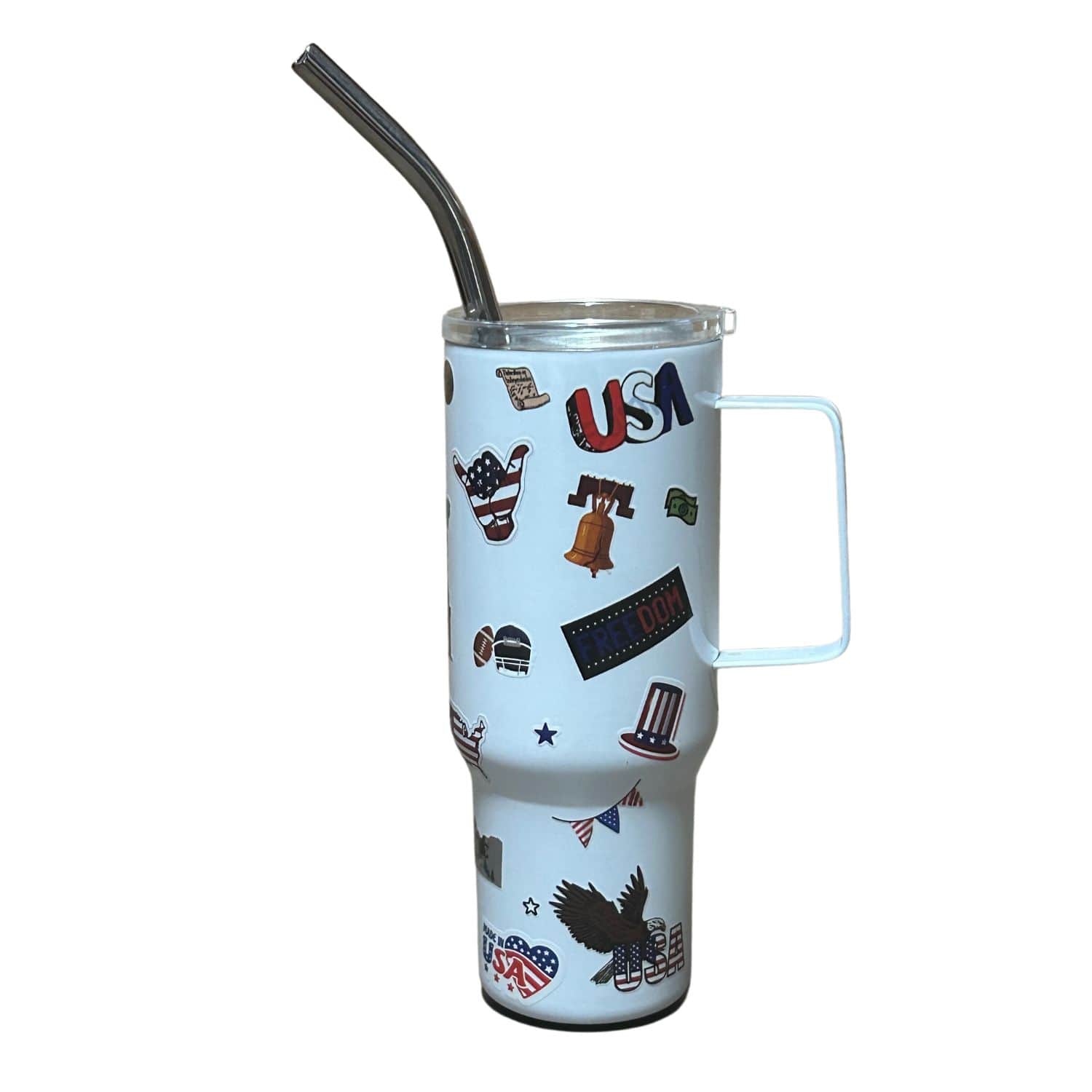 White Patriotic Mini Tumbler featuring vibrant American flag, eagle, and star designs, held in hand against a festive backdrop.