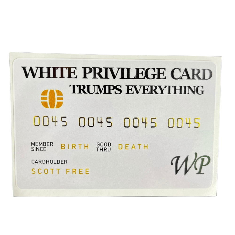 White Privilege Card Sticker made from durable vinyl featuring bold political themes, displayed on a laptop in an outdoor setting.