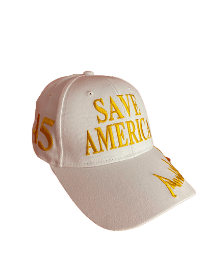 White Save America With Gold Donald Trump Signature Hat featuring bold 'Save America' embroidery and Trump's signature.