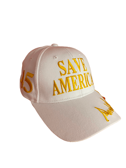 White Save America With Gold Donald Trump Signature Hat featuring bold 'Save America' embroidery and Trump's signature.