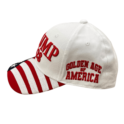 White Trump 2028 Patriotic Hat featuring raised red embroidery and U.S. flag, perfect for rallies or casual wear.