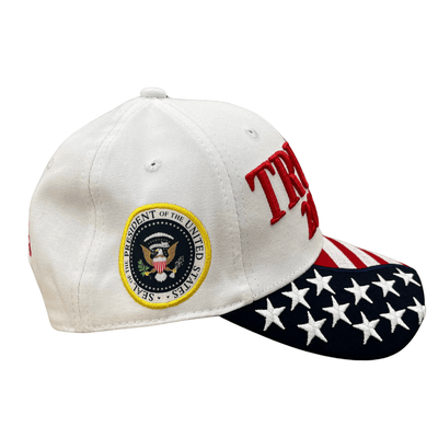 White Trump 2028 Patriotic Hat featuring raised red embroidery and U.S. flag, perfect for rallies or casual wear.