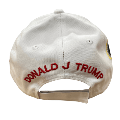 White Trump 2028 Patriotic Hat featuring raised red embroidery and U.S. flag, perfect for rallies or casual wear.