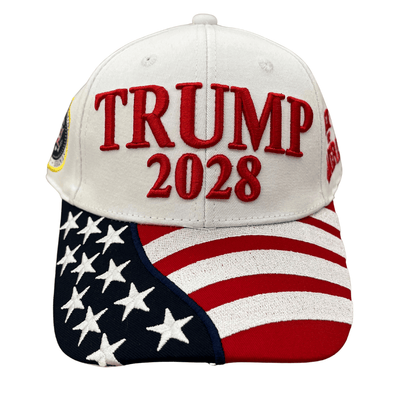 White Trump 2028 Patriotic Hat featuring raised red embroidery and U.S. flag, perfect for rallies or casual wear.