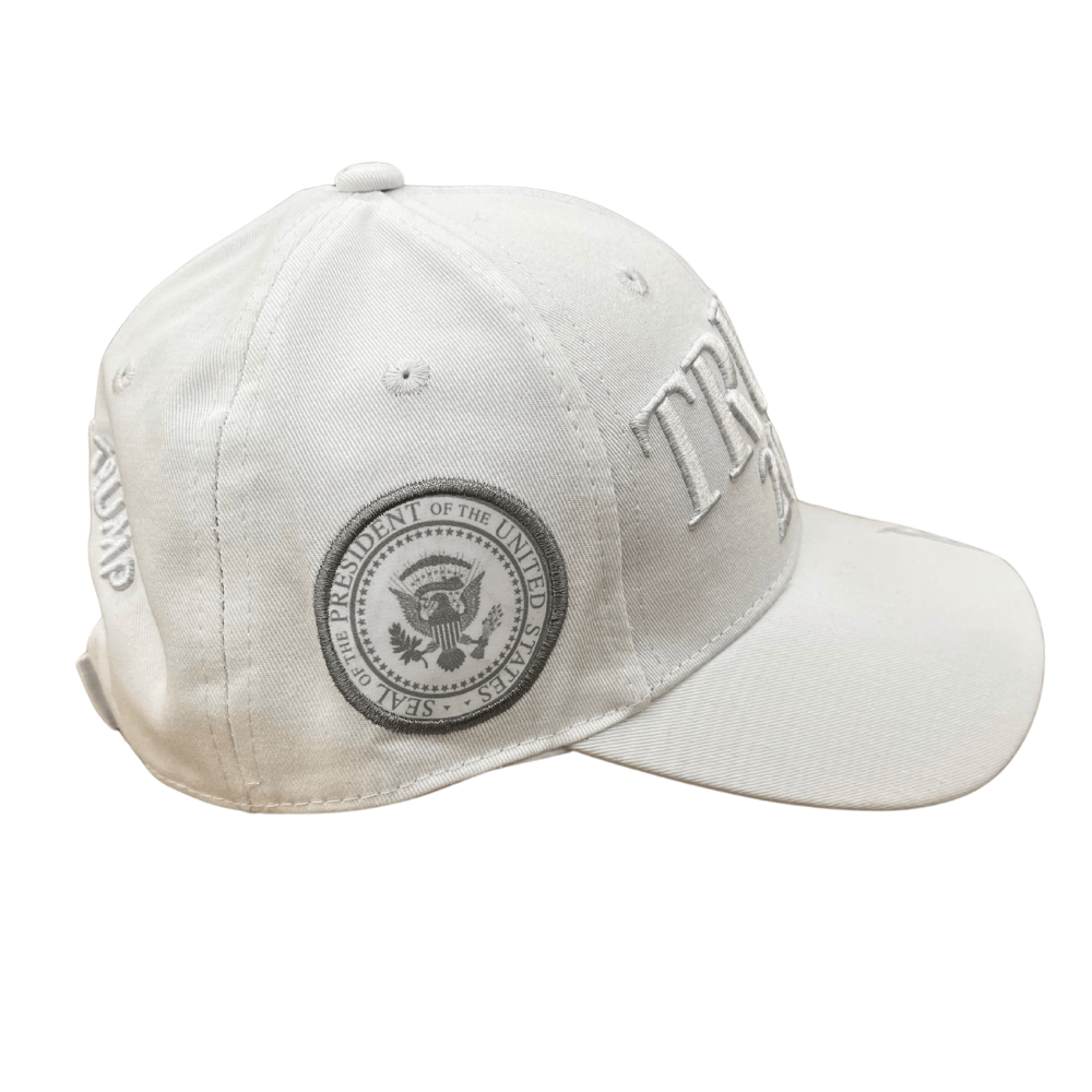 White Trump 2028 Signature Hat showcasing raised embroidery of 'TRUMP 2028' and Donald J. Trump's signature, perfect for political events.