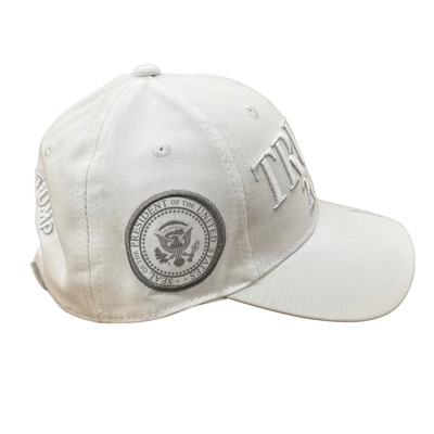 White Trump 2028 Signature Hat showcasing raised embroidery of 'TRUMP 2028' and Donald J. Trump's signature, perfect for political events.