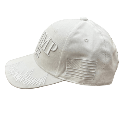 White Trump 2028 Signature Hat showcasing raised embroidery of 'TRUMP 2028' and Donald J. Trump's signature, perfect for political events.