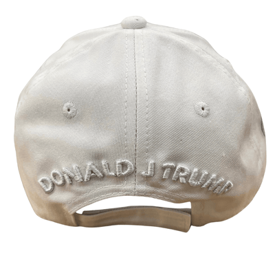 White Trump 2028 Signature Hat showcasing raised embroidery of 'TRUMP 2028' and Donald J. Trump's signature, perfect for political events.