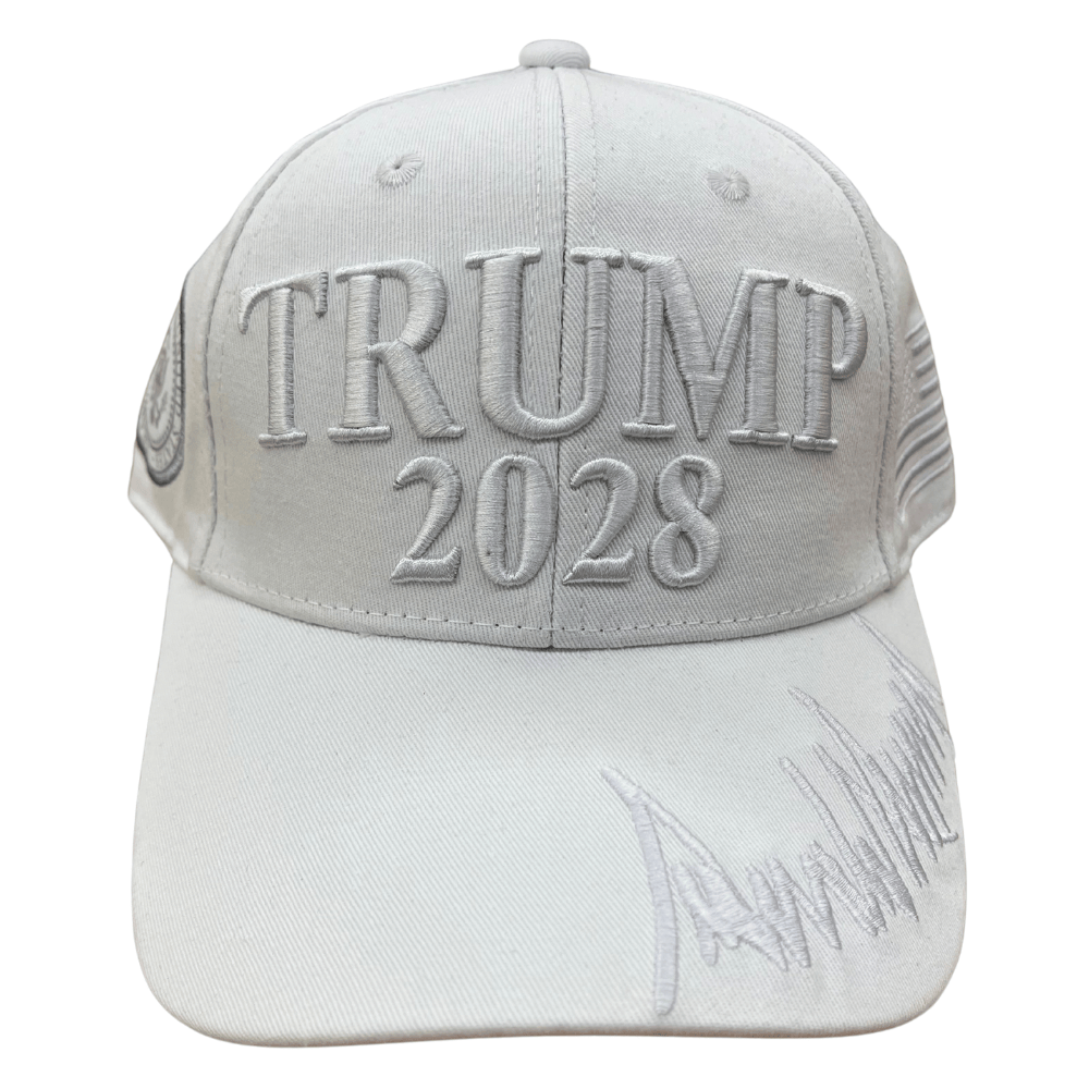 White Trump 2028 Signature Hat showcasing raised embroidery of 'TRUMP 2028' and Donald J. Trump's signature, perfect for political events.