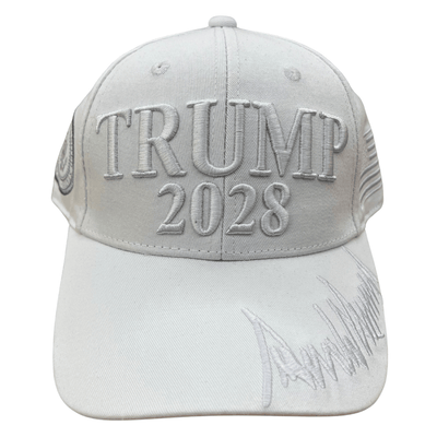 White Trump 2028 Signature Hat showcasing raised embroidery of 'TRUMP 2028' and Donald J. Trump's signature, perfect for political events.