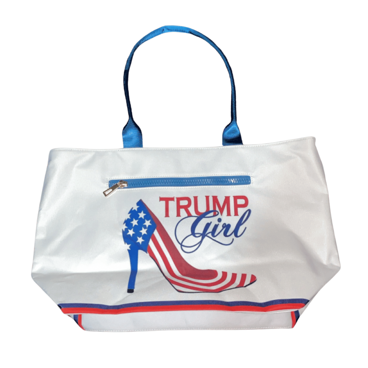 White Trump Girl Tote Bag featuring a bold design with the phrase 'Trump Girl' and a stylish high heel in red, white, and blue.